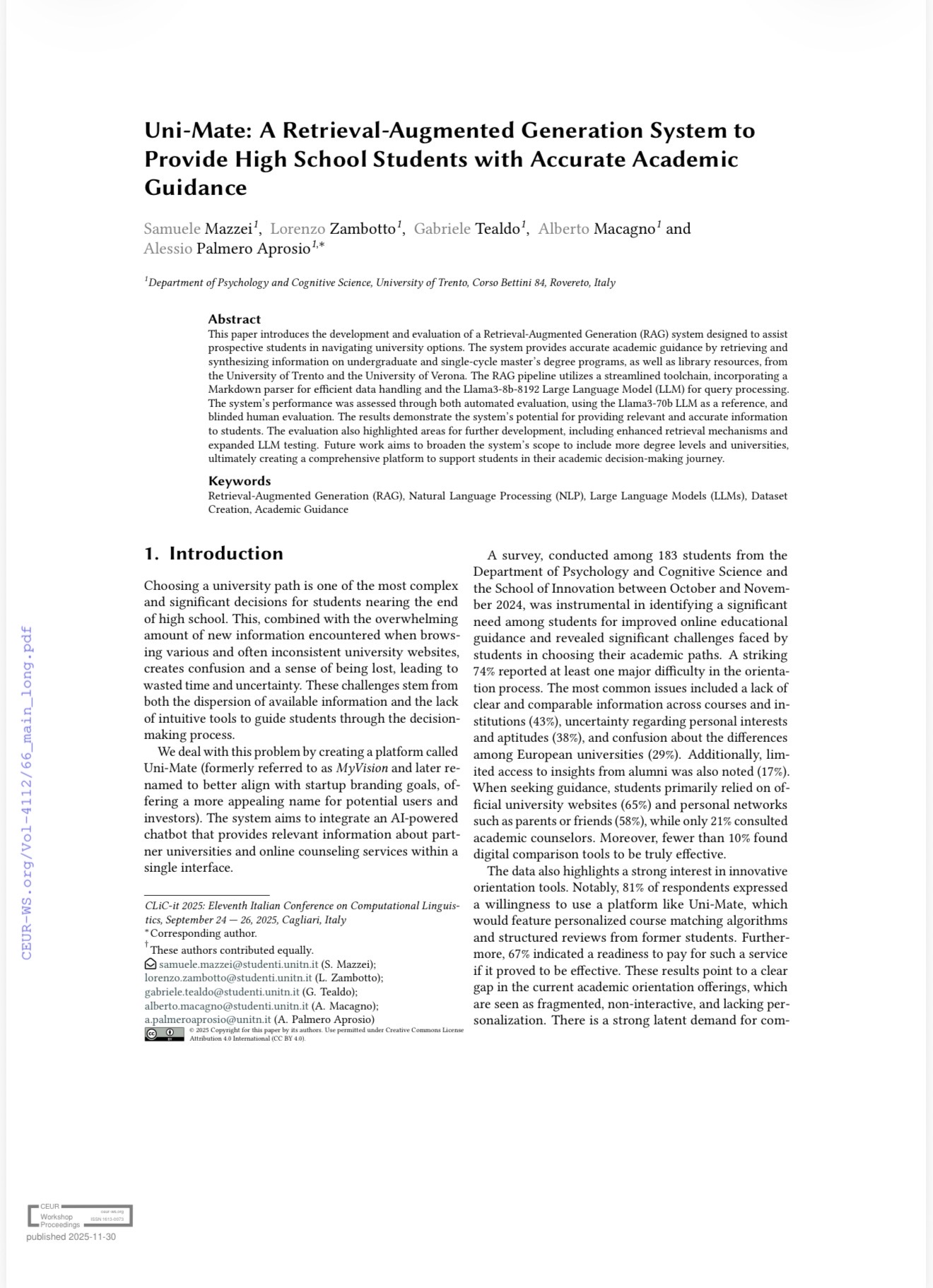 Uni-Mate publication first page, CLiC-it 2025