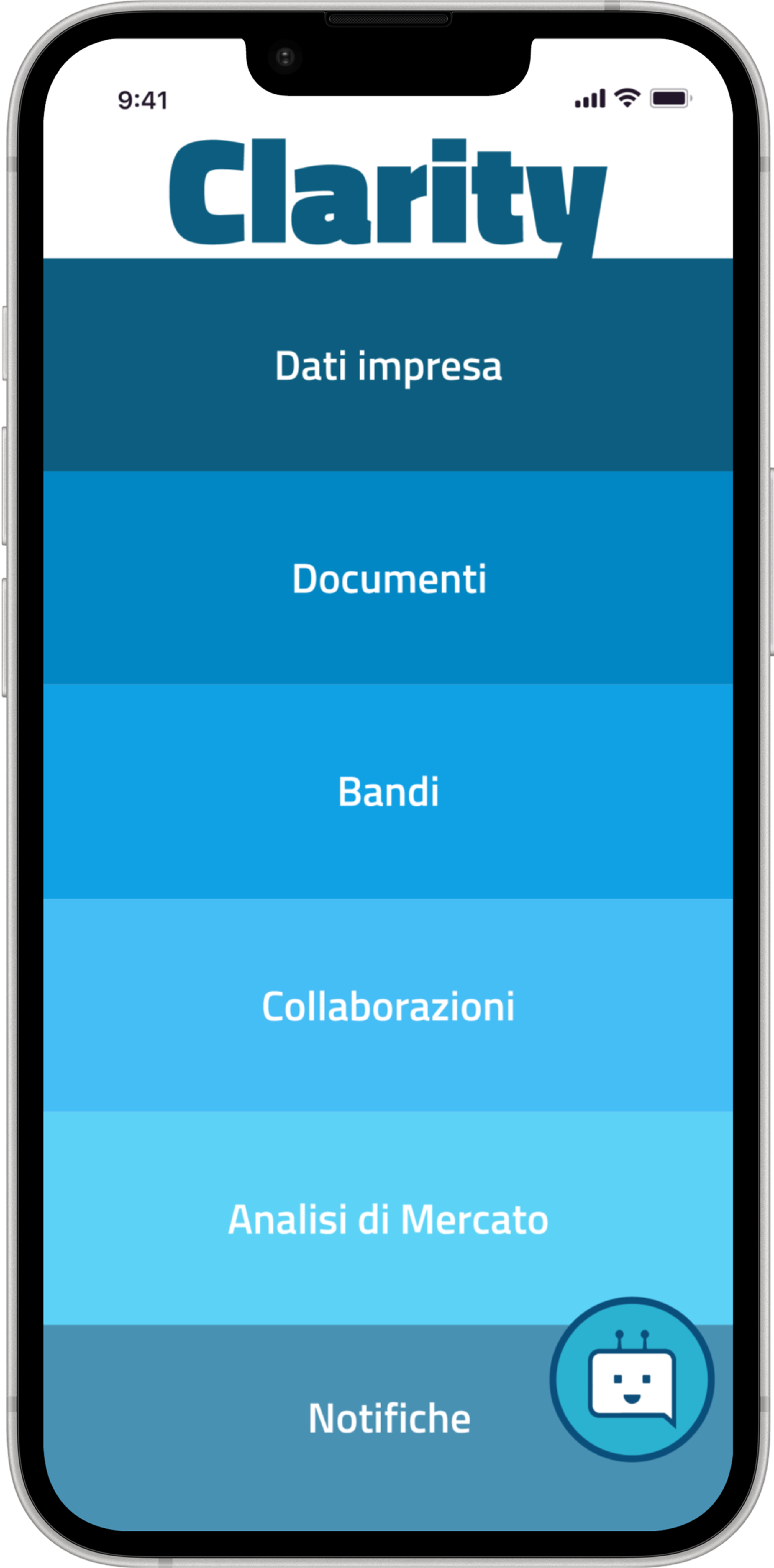 Clarity &mdash; the Clarity main menu listing Dati impresa, Documenti, Bandi, Collaborazioni, Analisi di Mercato and Notifiche