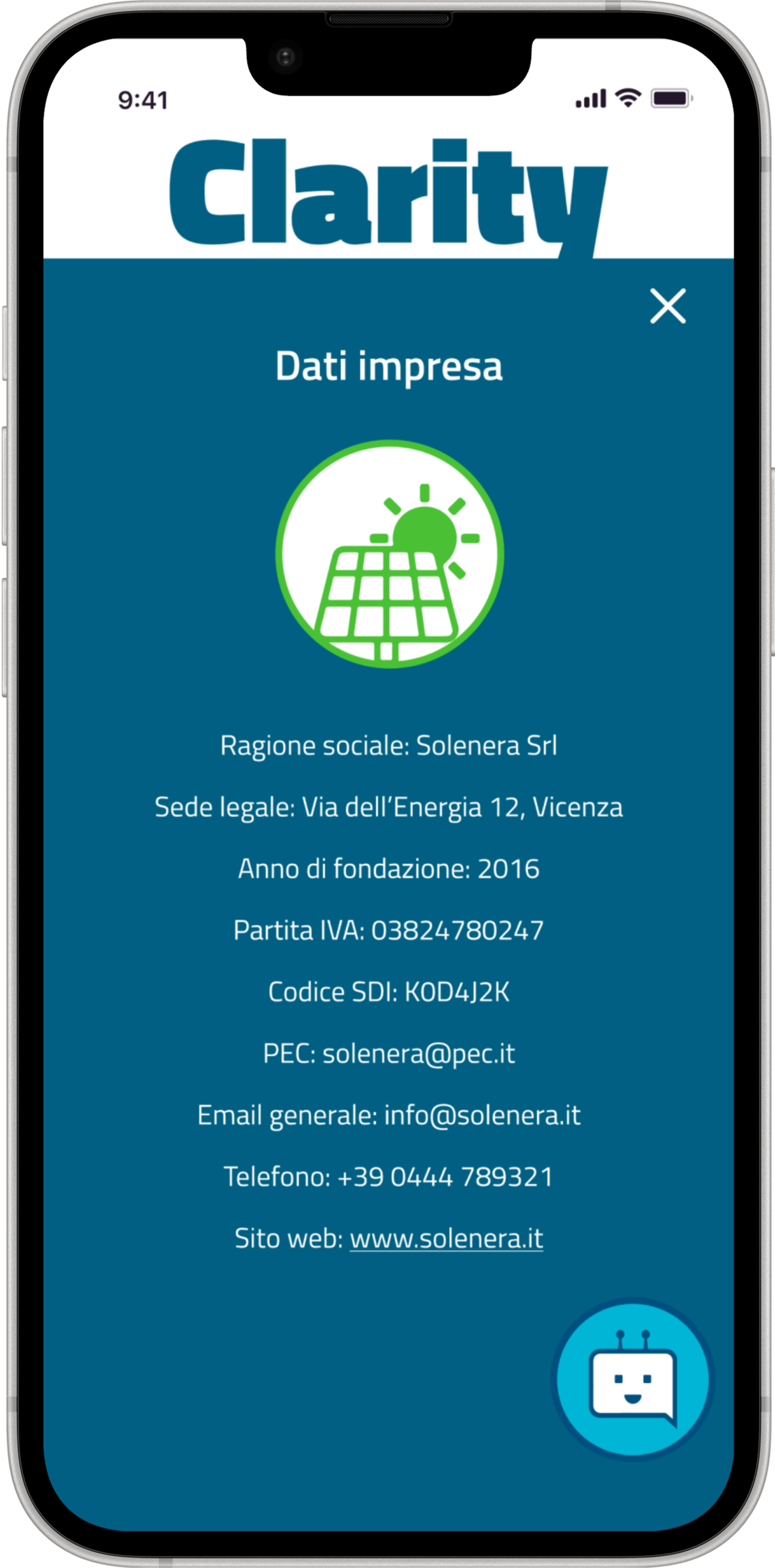 Clarity &mdash; the Dati impresa screen showing the company profile of Solenera Srl