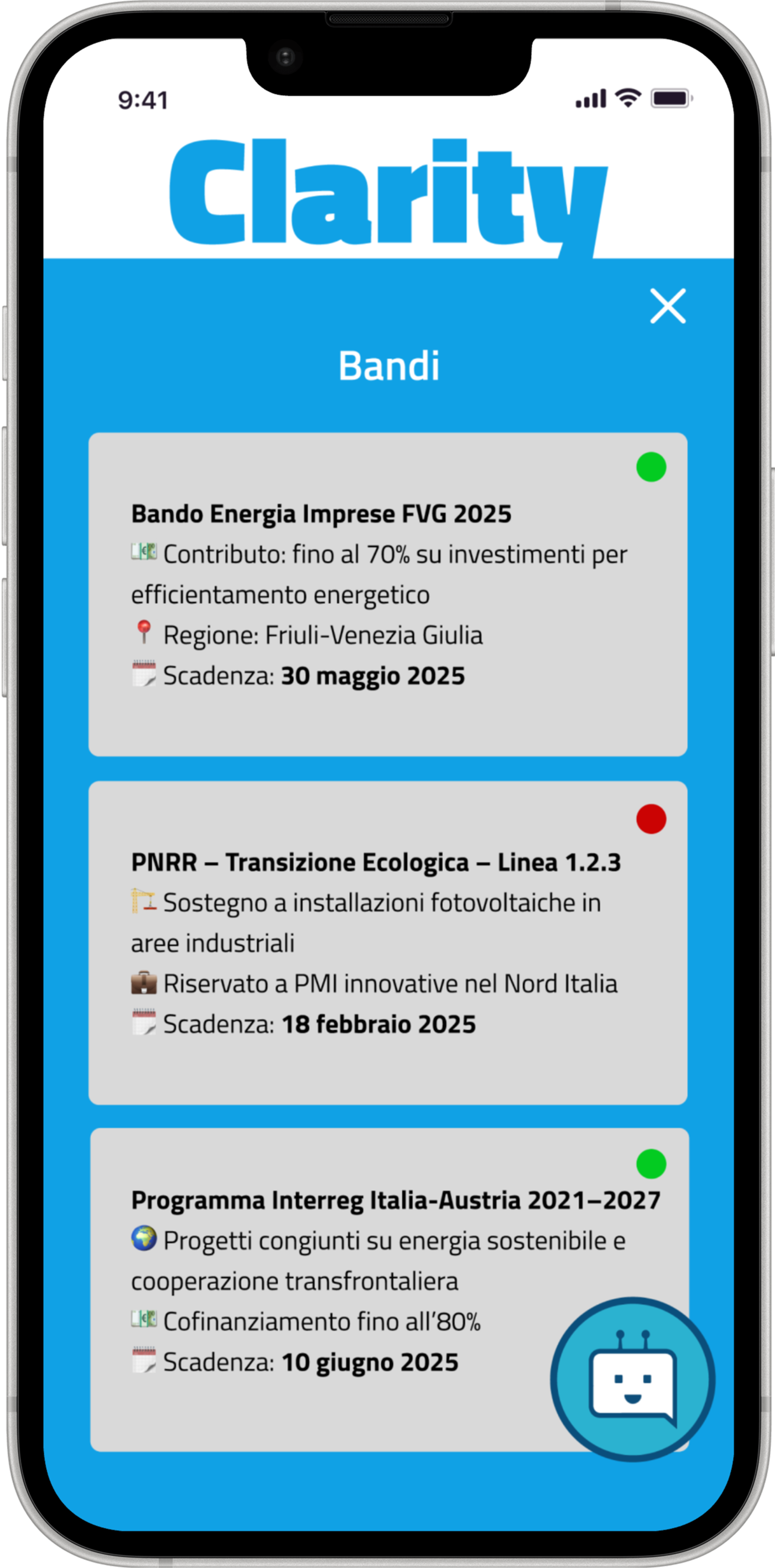 Clarity &mdash; the Bandi screen listing funding calls with deadlines and eligibility