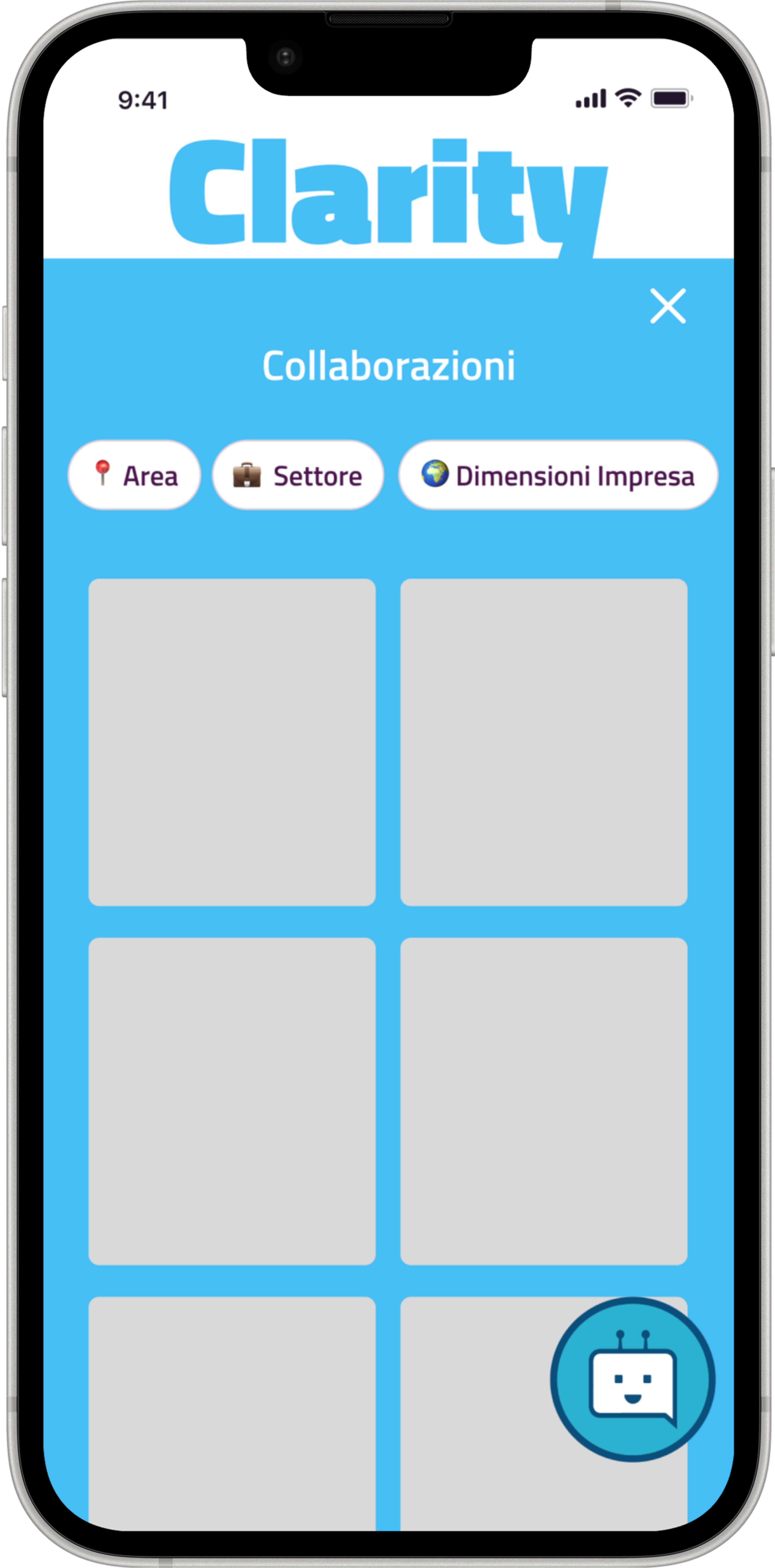 Clarity &mdash; the Collaborazioni screen with filters for area, sector and company size