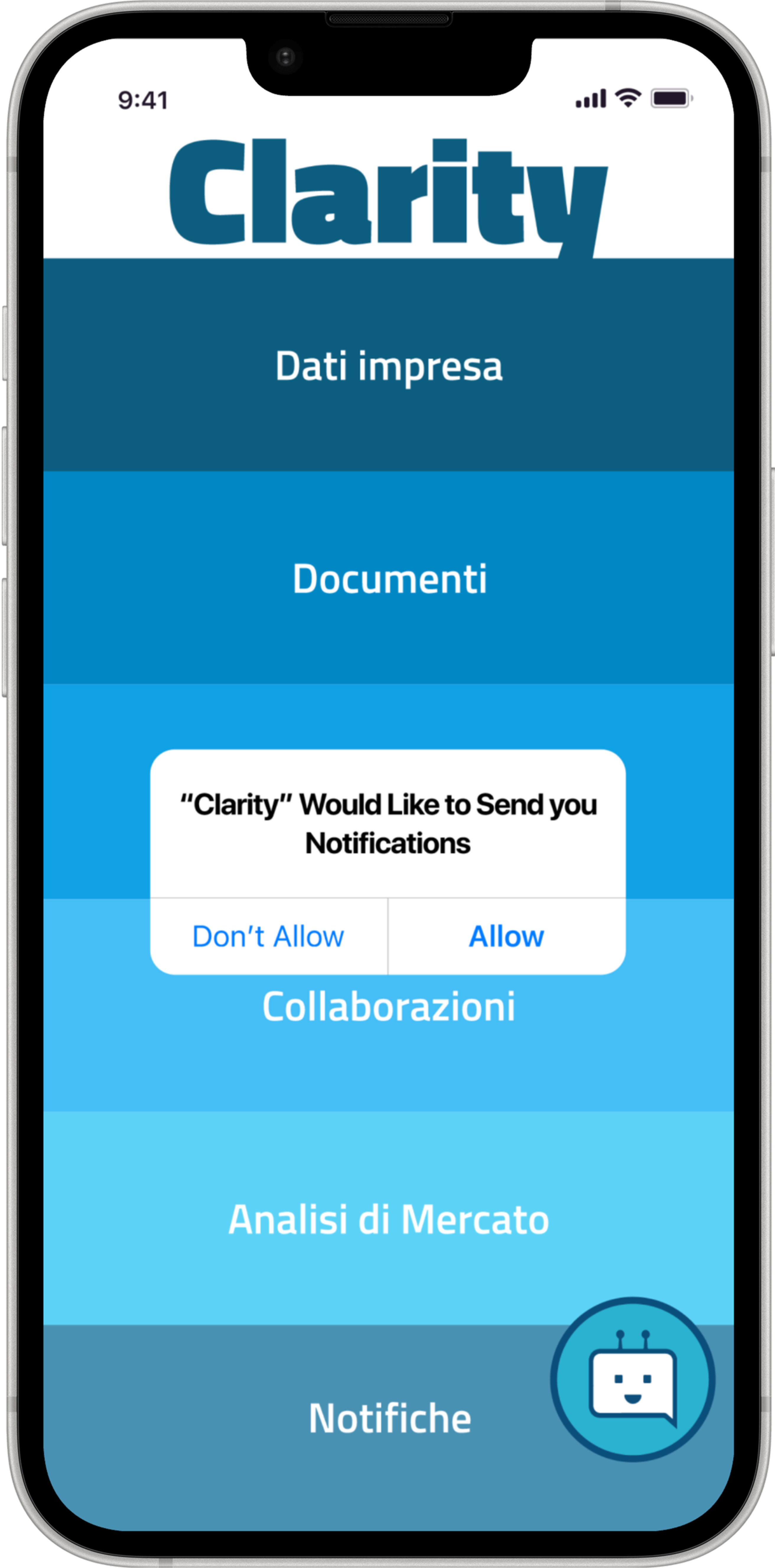 Clarity &mdash; the notification permission prompt over the Clarity main menu