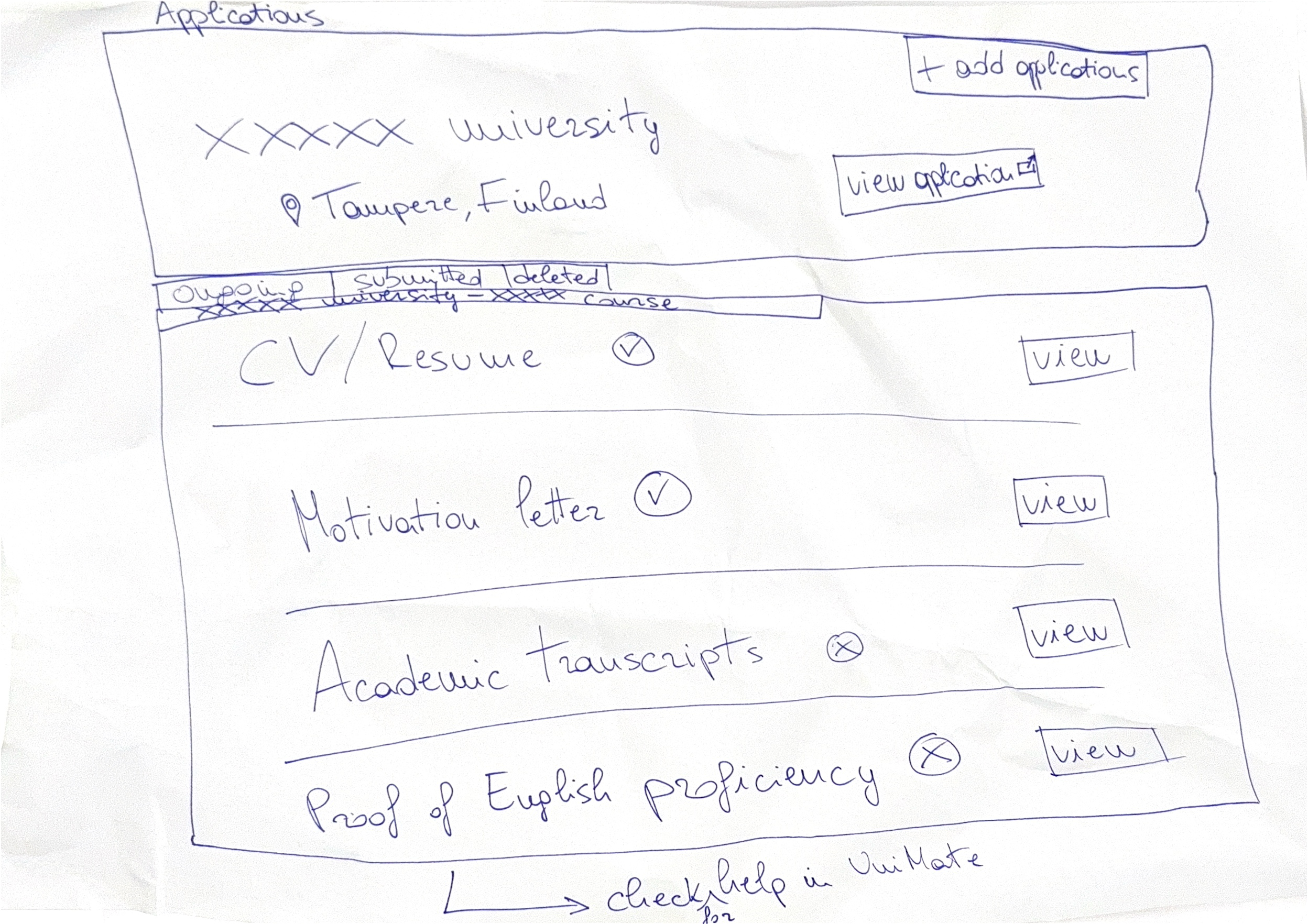 UniMate — hand-drawn low-fidelity sketch of the Applications screen: application header, status tabs and a document checklist