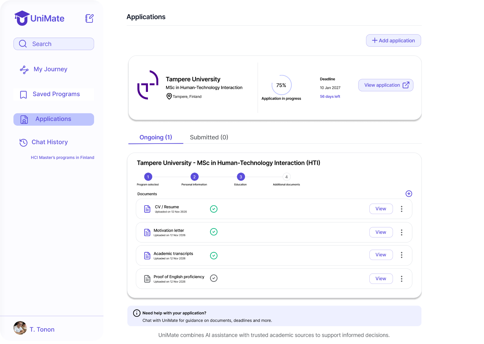 UniMate — final Applications design with document checklist and deadline