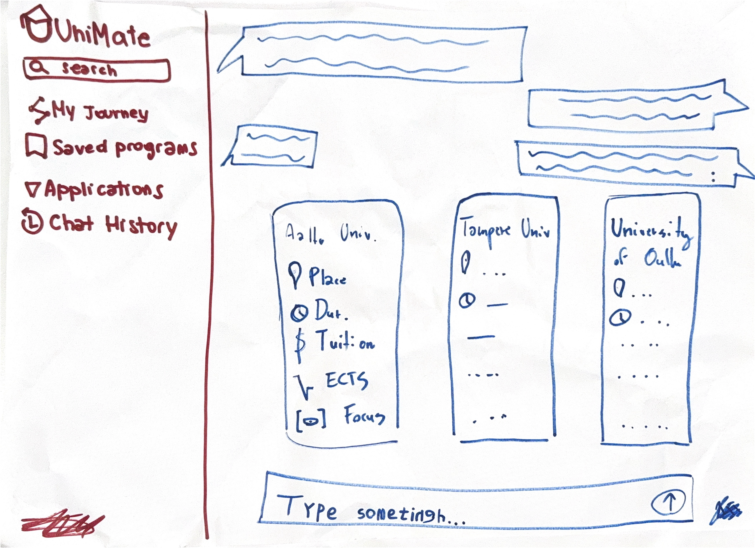 UniMate — hand-drawn low-fidelity sketch of the Human-Centered Chat screen: sidebar navigation, conversation thread and three university comparison cards