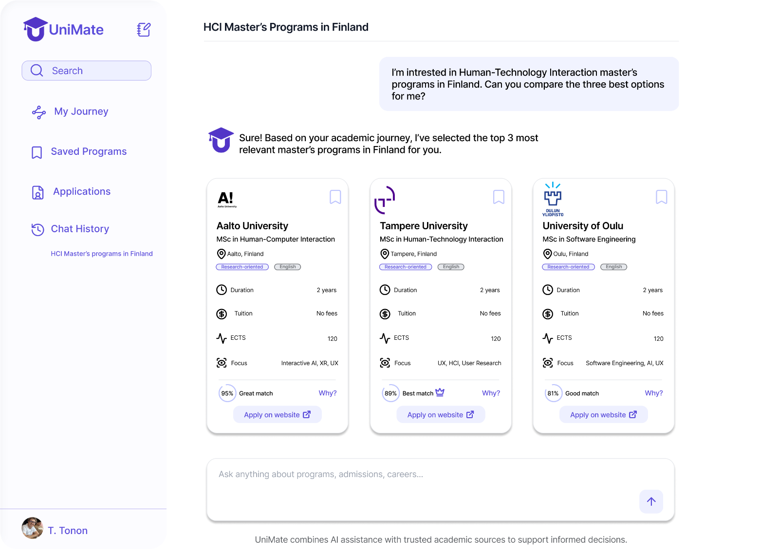 UniMate — final Human-Centered Chat design: grounded conversation comparing three HCI master&rsquo;s programmes in Finland