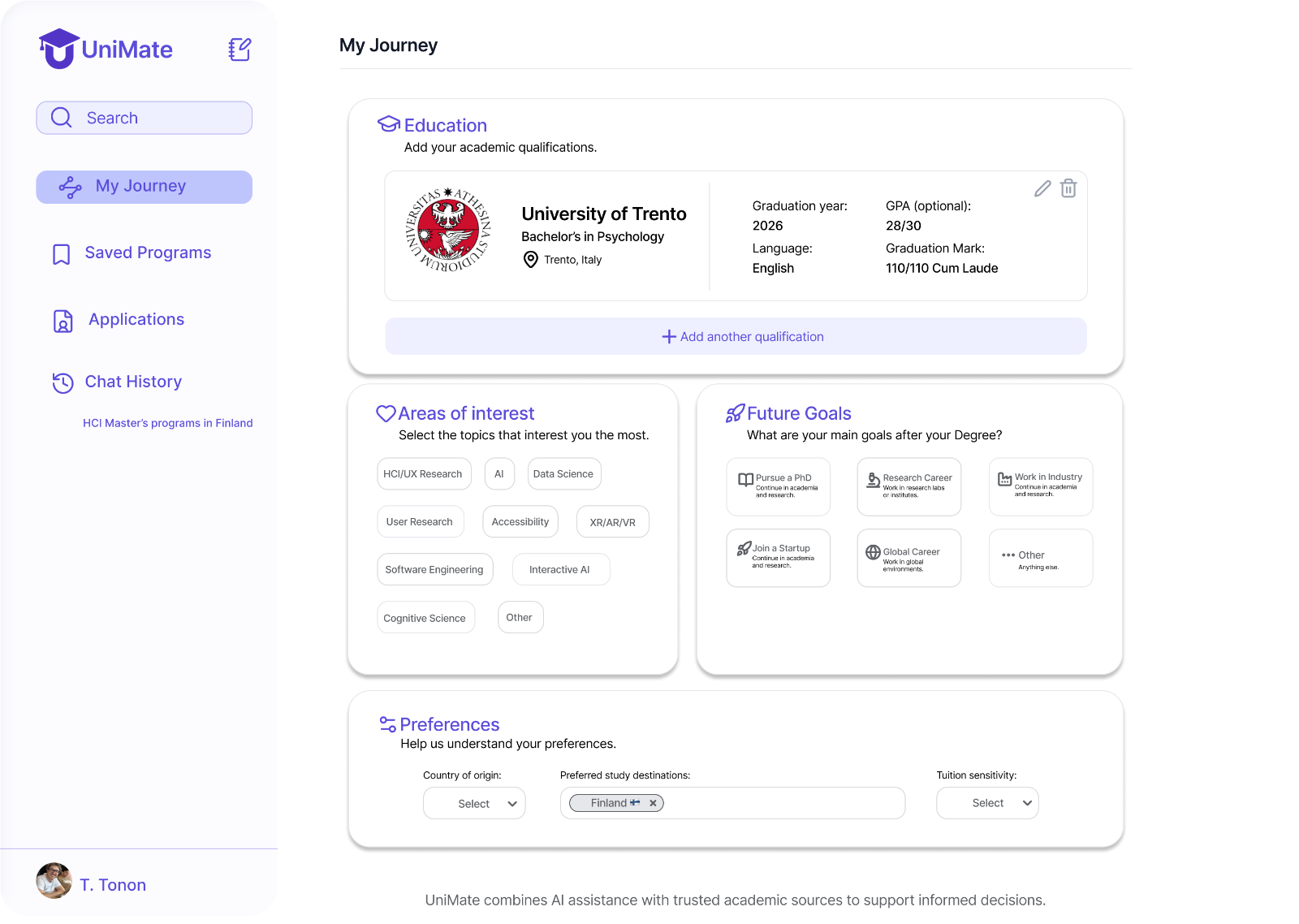 UniMate — final My Journey design: academic profile, areas of interest, future goals and preferences