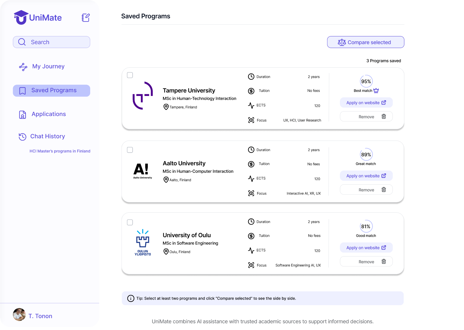 UniMate — final Saved Programs design with match scores and side-by-side comparison
