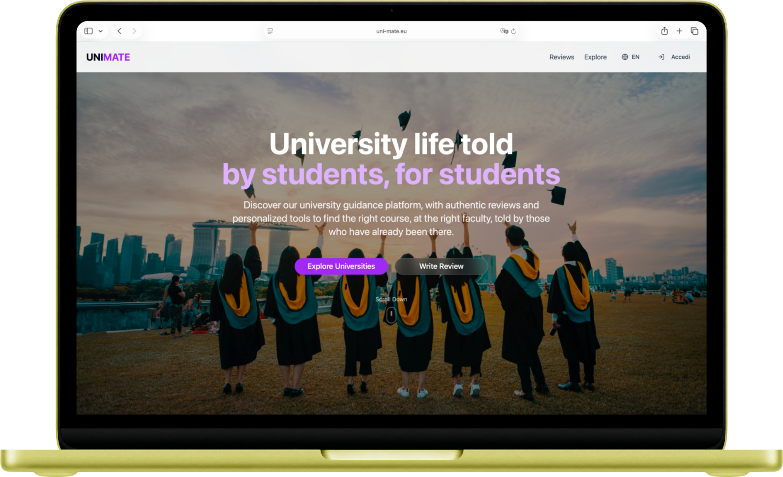 The UniMate landing page shown on a MacBook