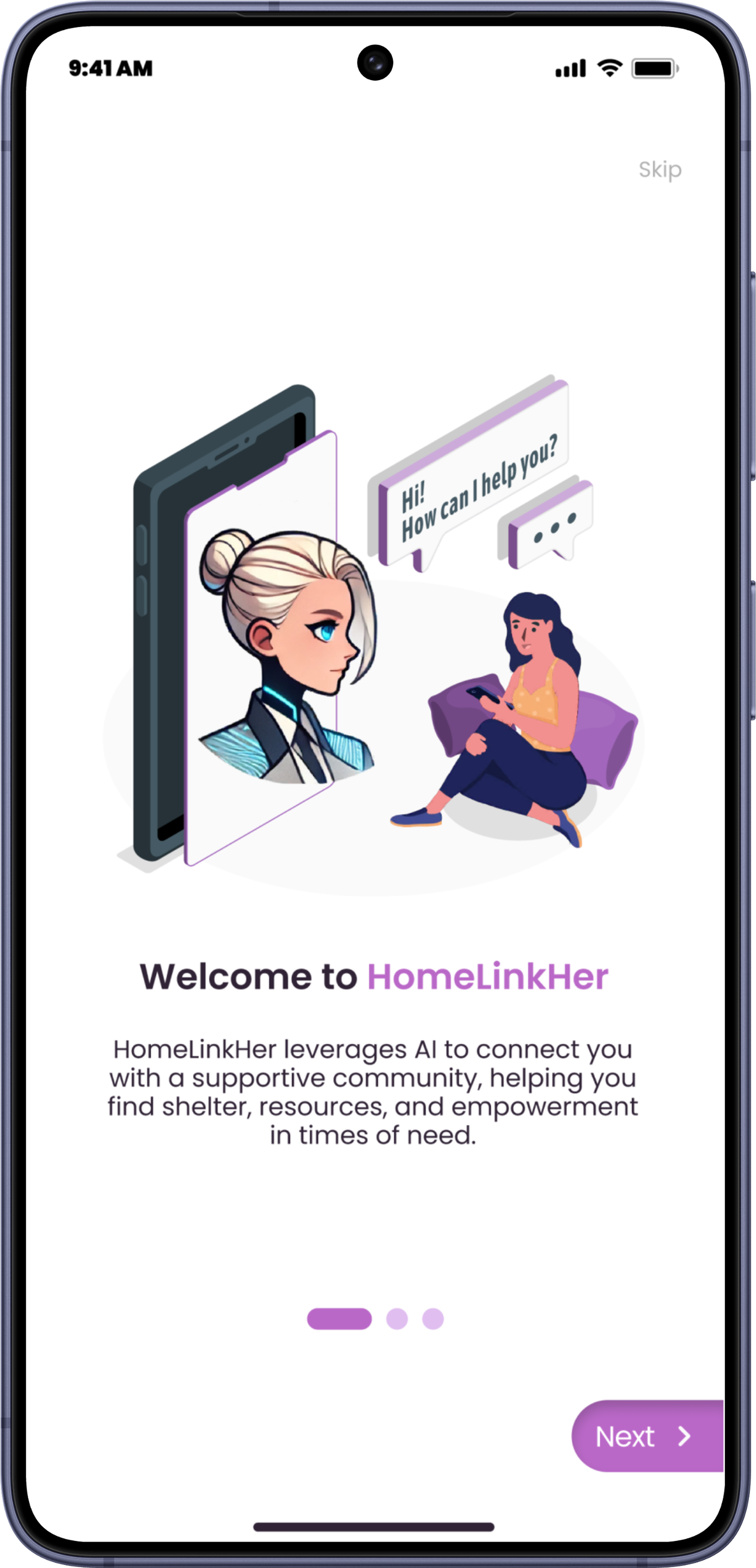 HomeLinkHer &mdash; the onboarding welcome screen introducing HomeLinkHer