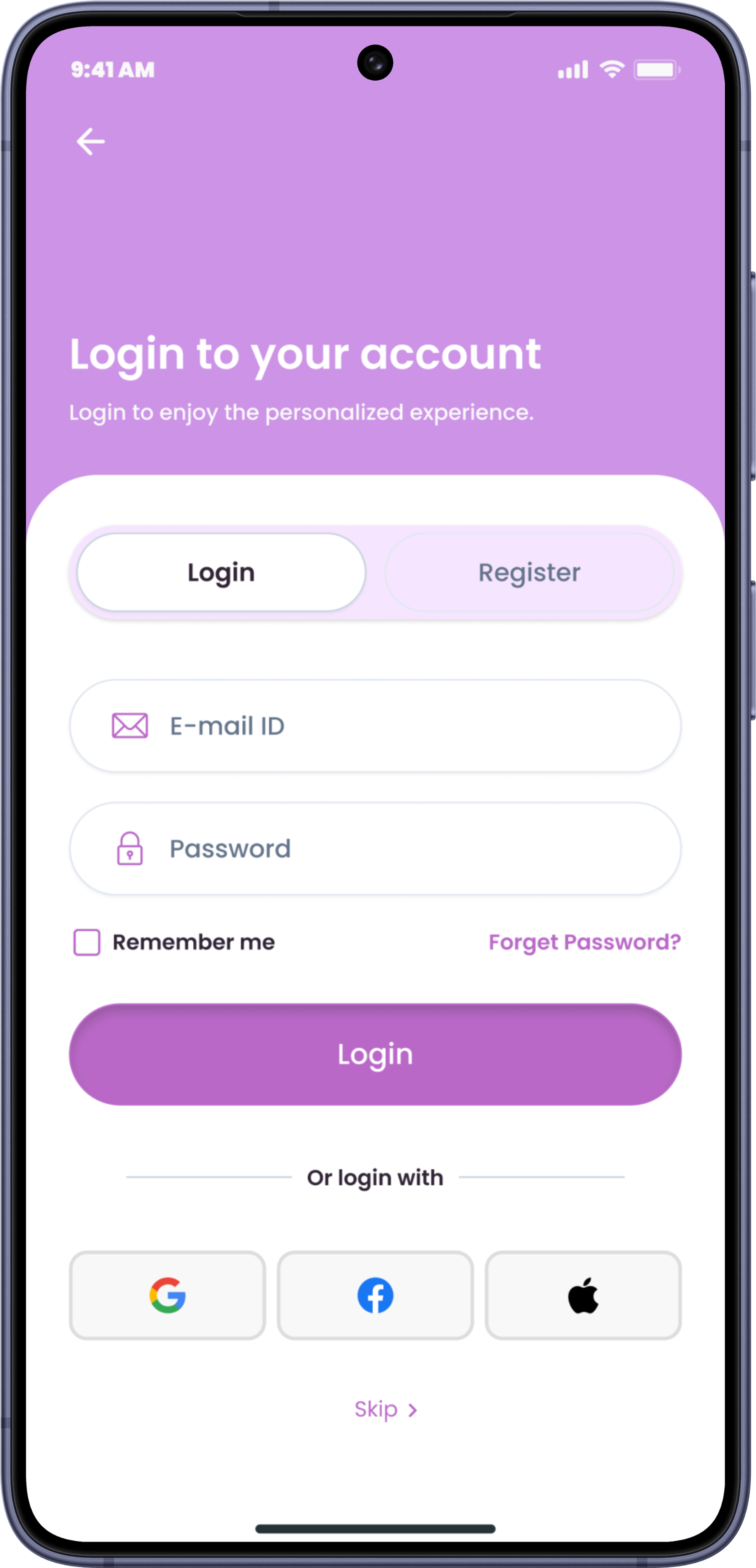 HomeLinkHer &mdash; the login screen with e-mail, password and social sign-in options