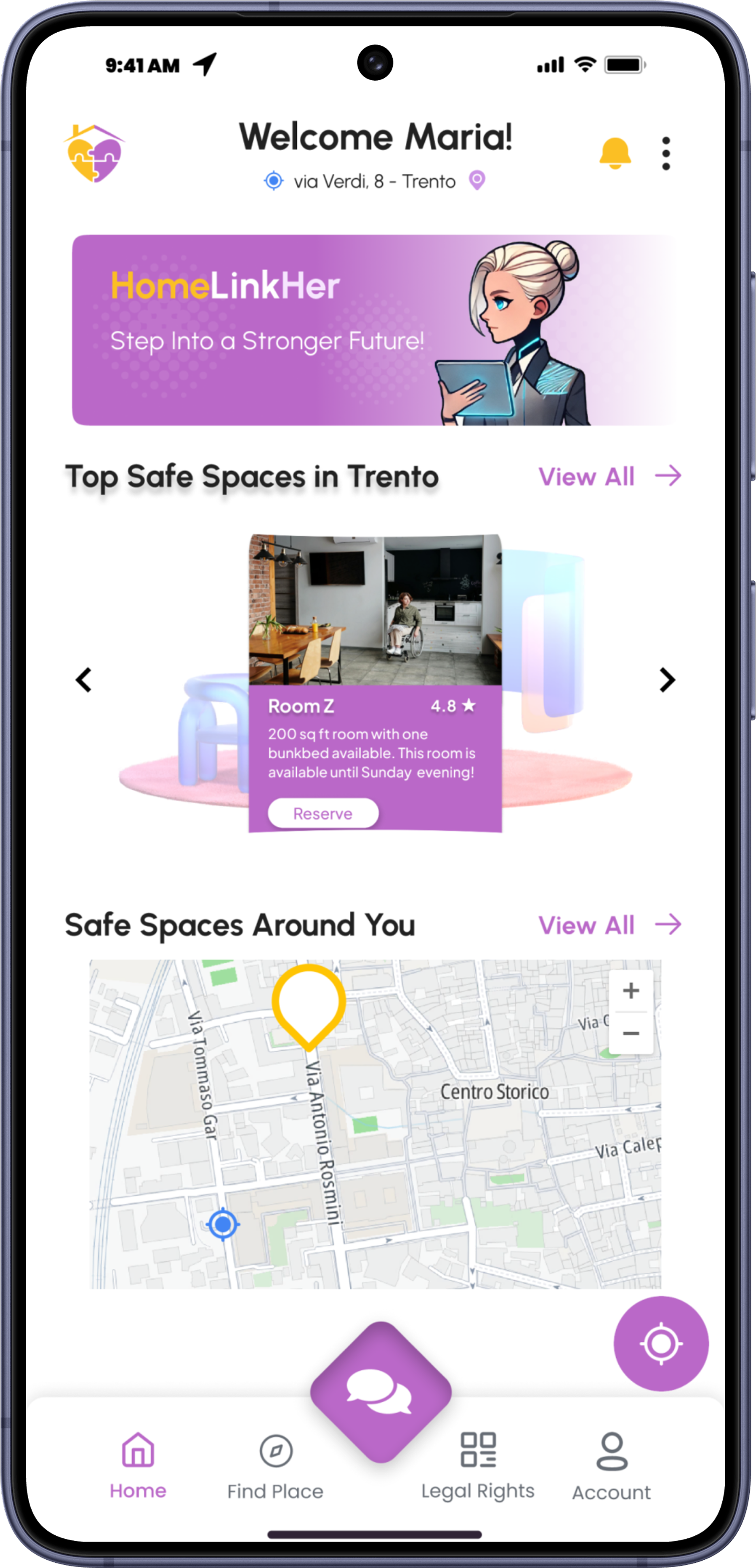 HomeLinkHer &mdash; the home screen with top safe spaces in Trento and a map of nearby places
