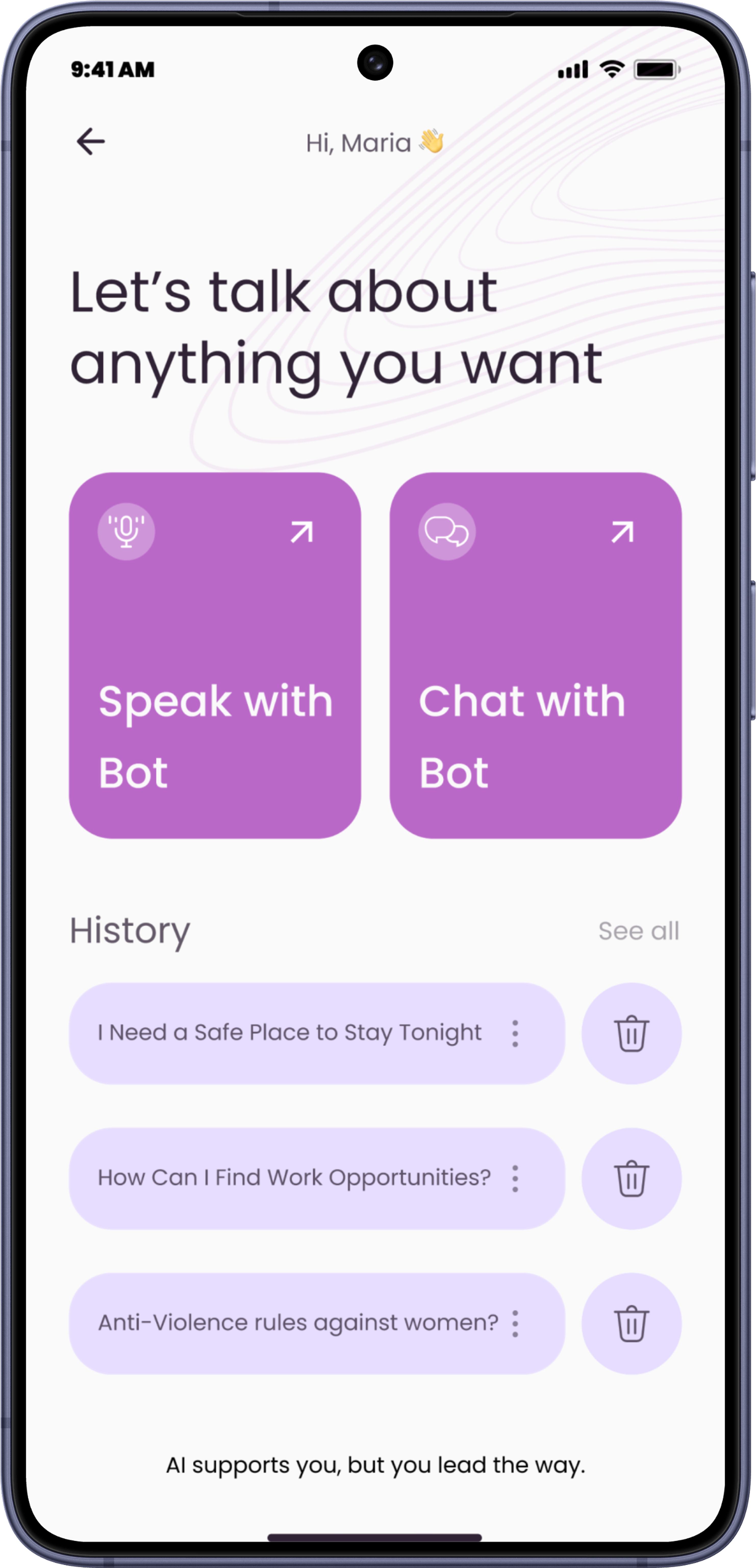 HomeLinkHer &mdash; the AI hub offering Speak with Bot, Chat with Bot and recent conversation history