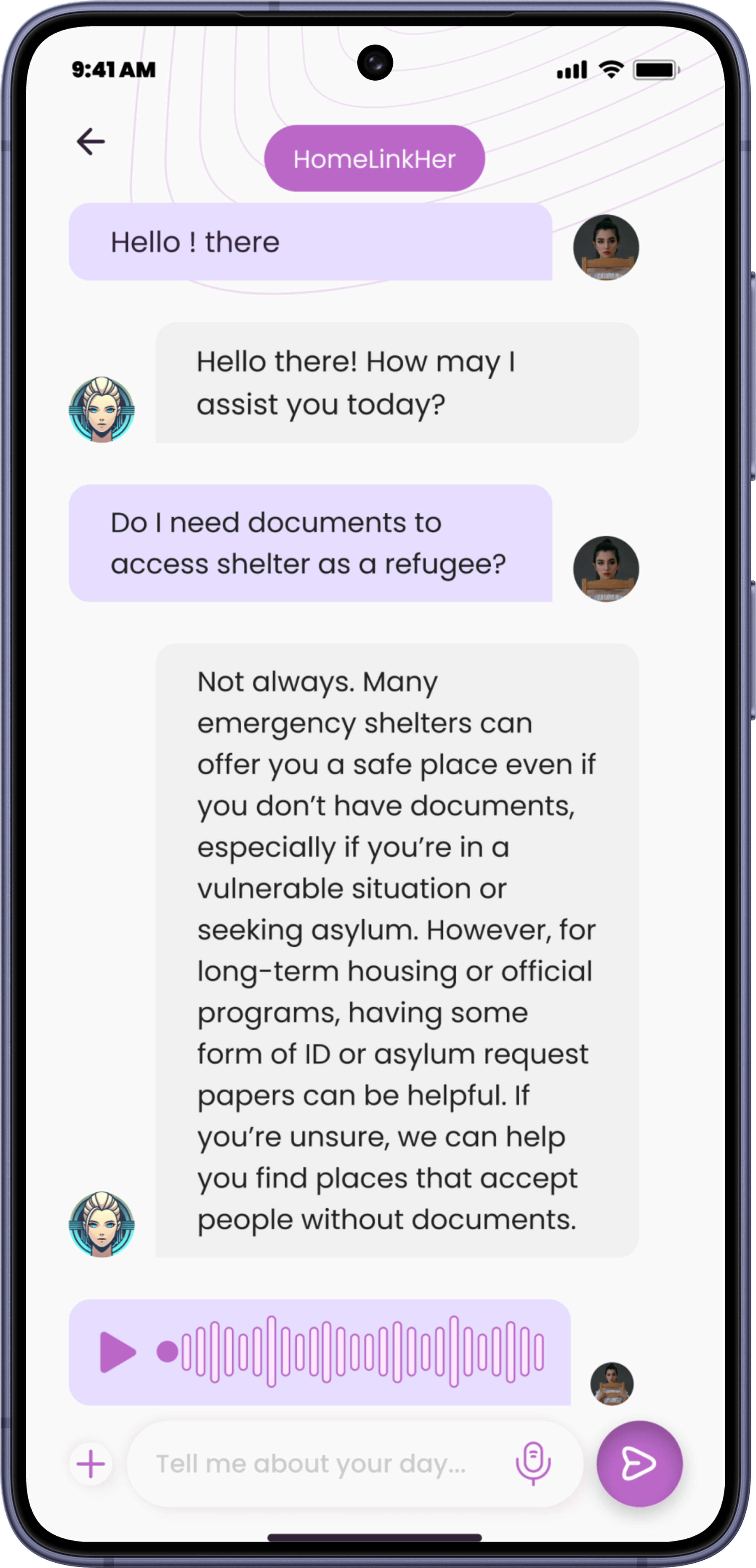 HomeLinkHer &mdash; the chatbot conversation about accessing shelter without documents