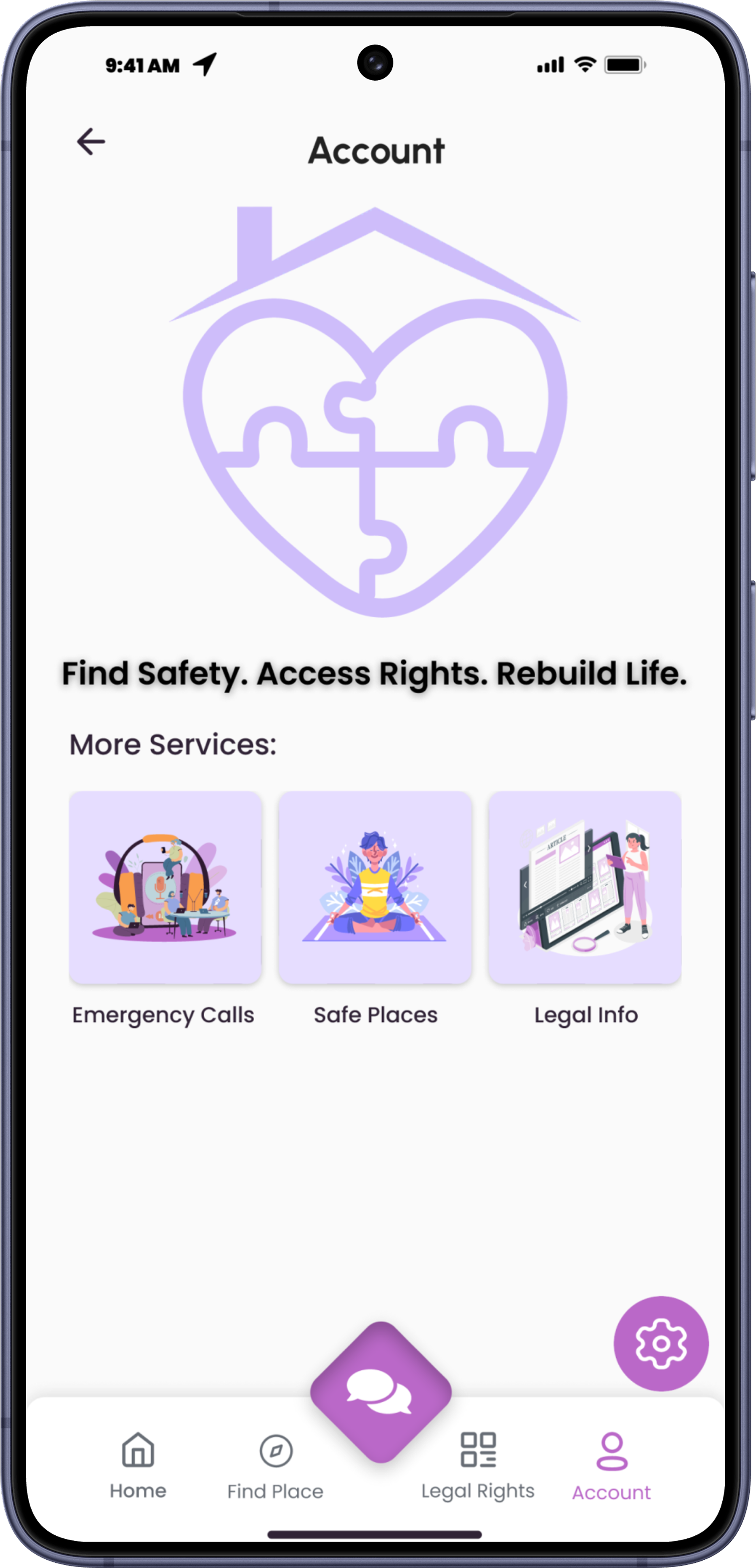 HomeLinkHer &mdash; the account screen with emergency calls, safe places and legal info services