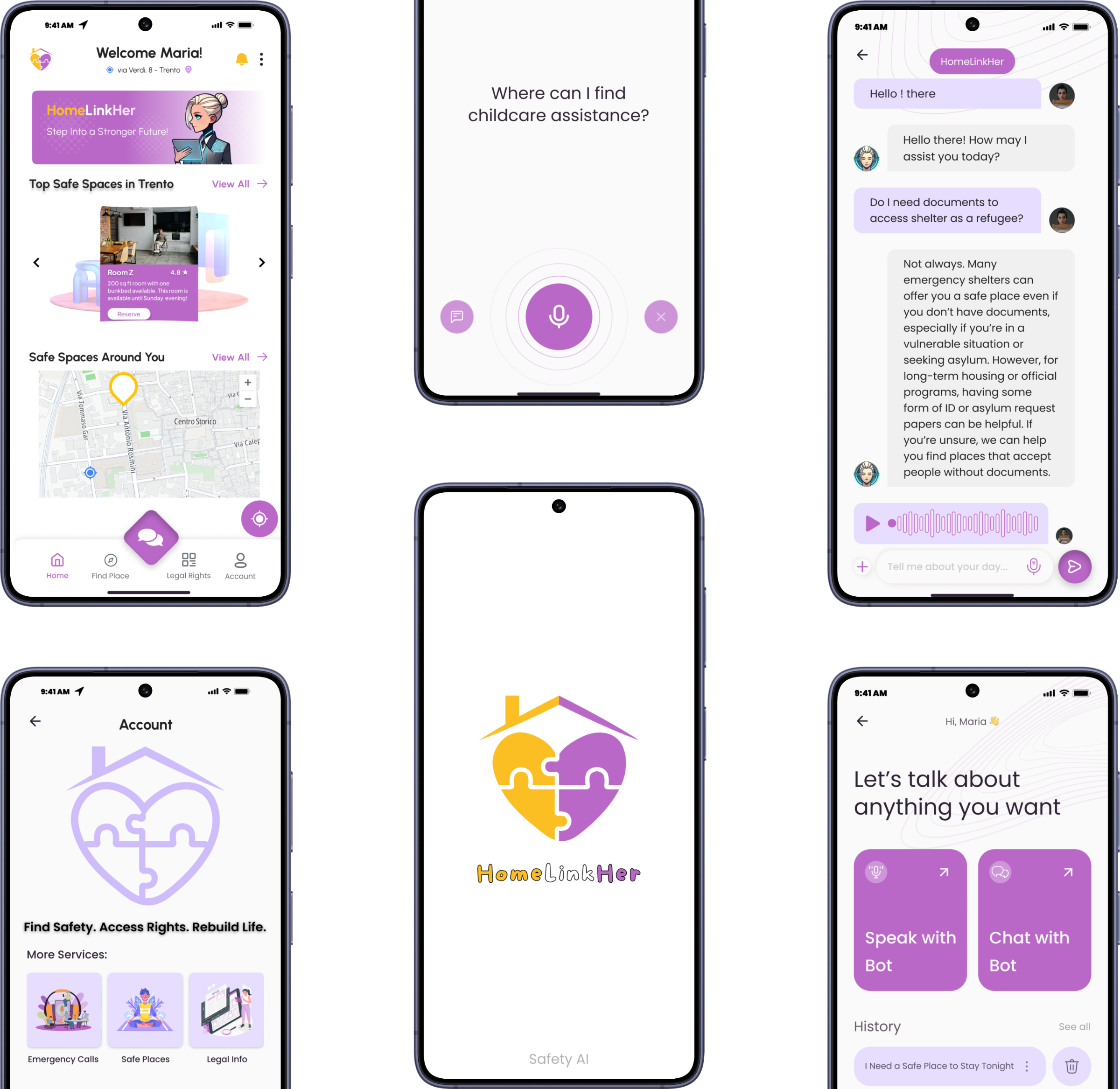 HomeLinkHer — six phone screens showing the safe-space home feed, the voice assistant, the support chat, the account page, the app logo and the chatbot entry point