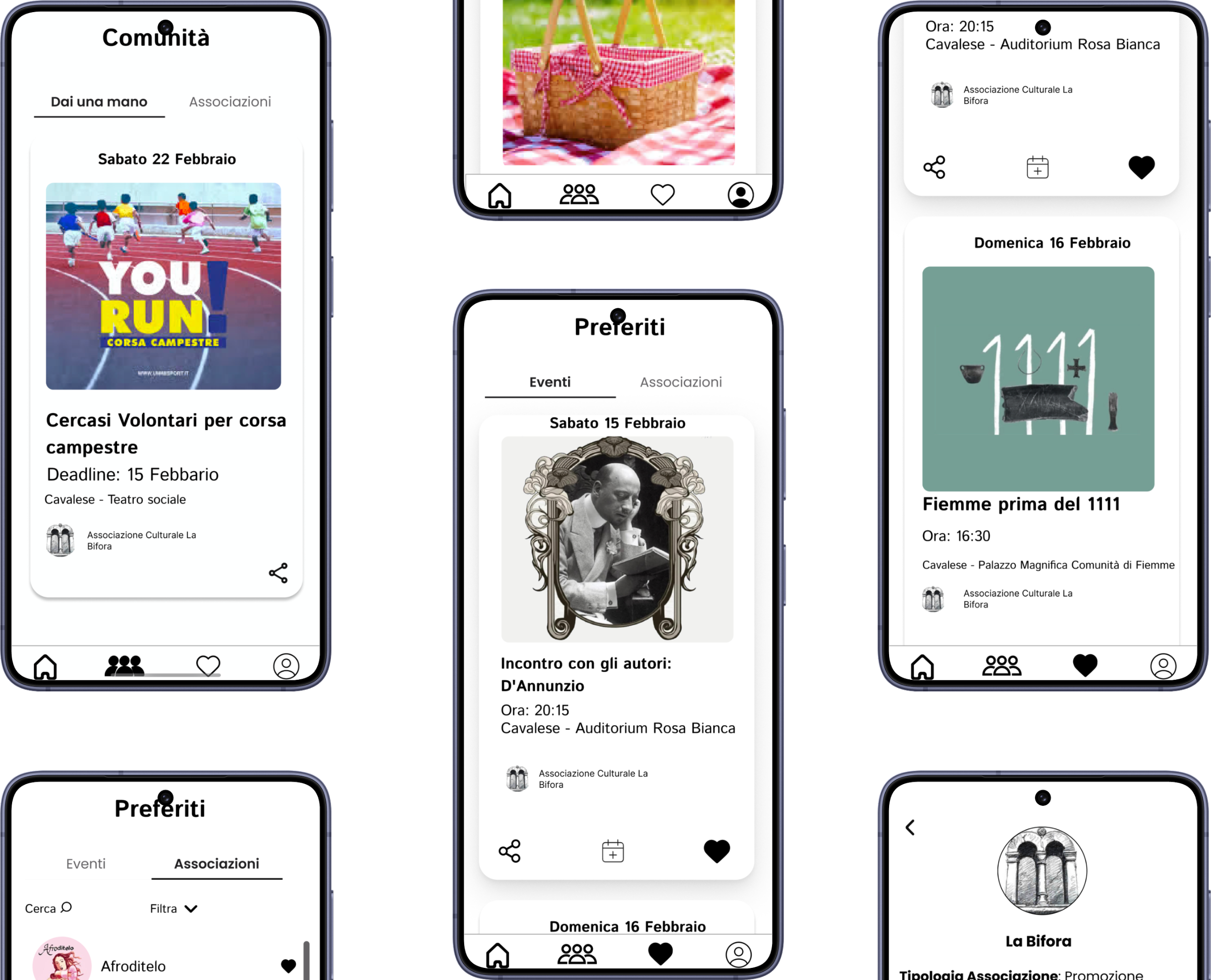 InValle — phone screens showing the community board and event favourites