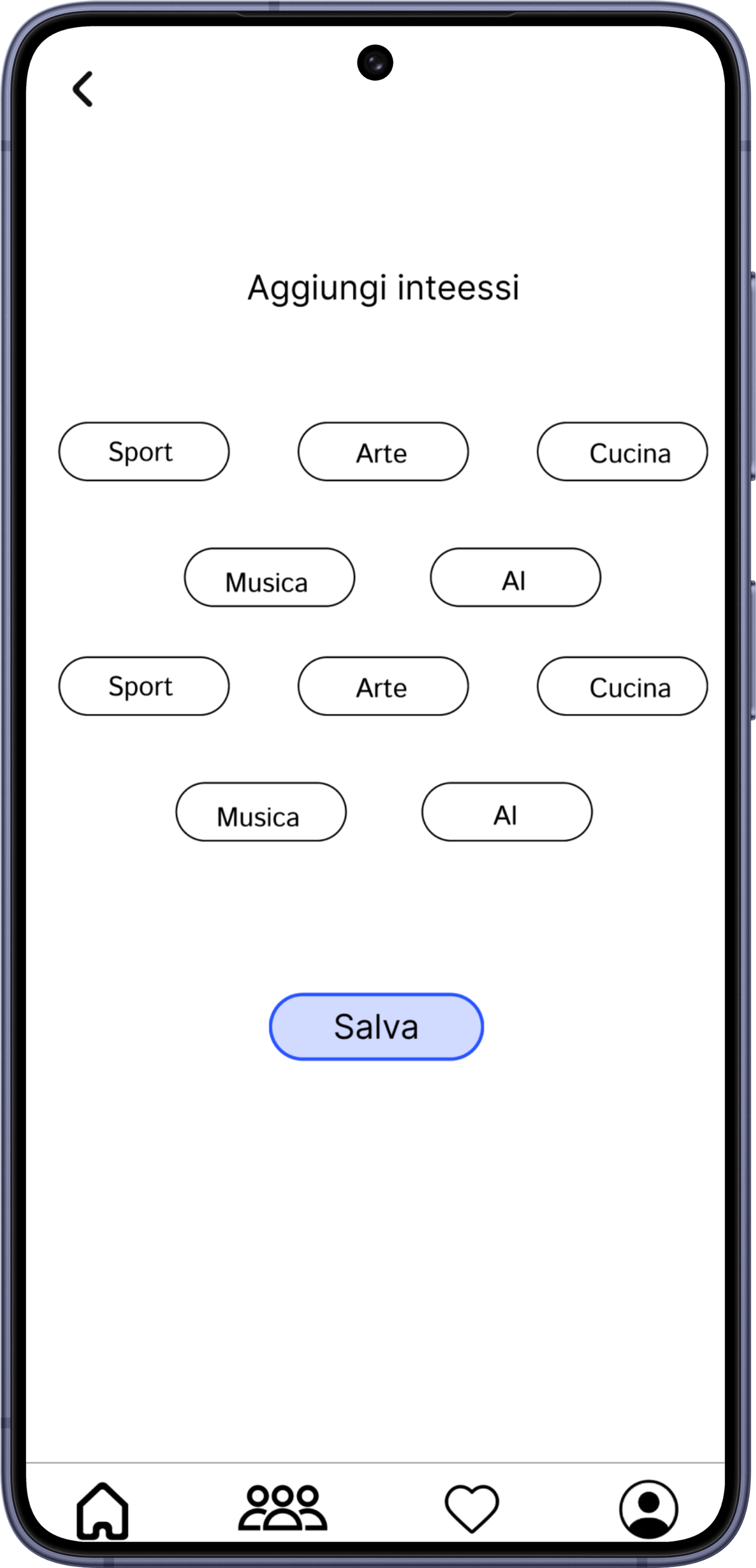 InValle — Interest Selection screen