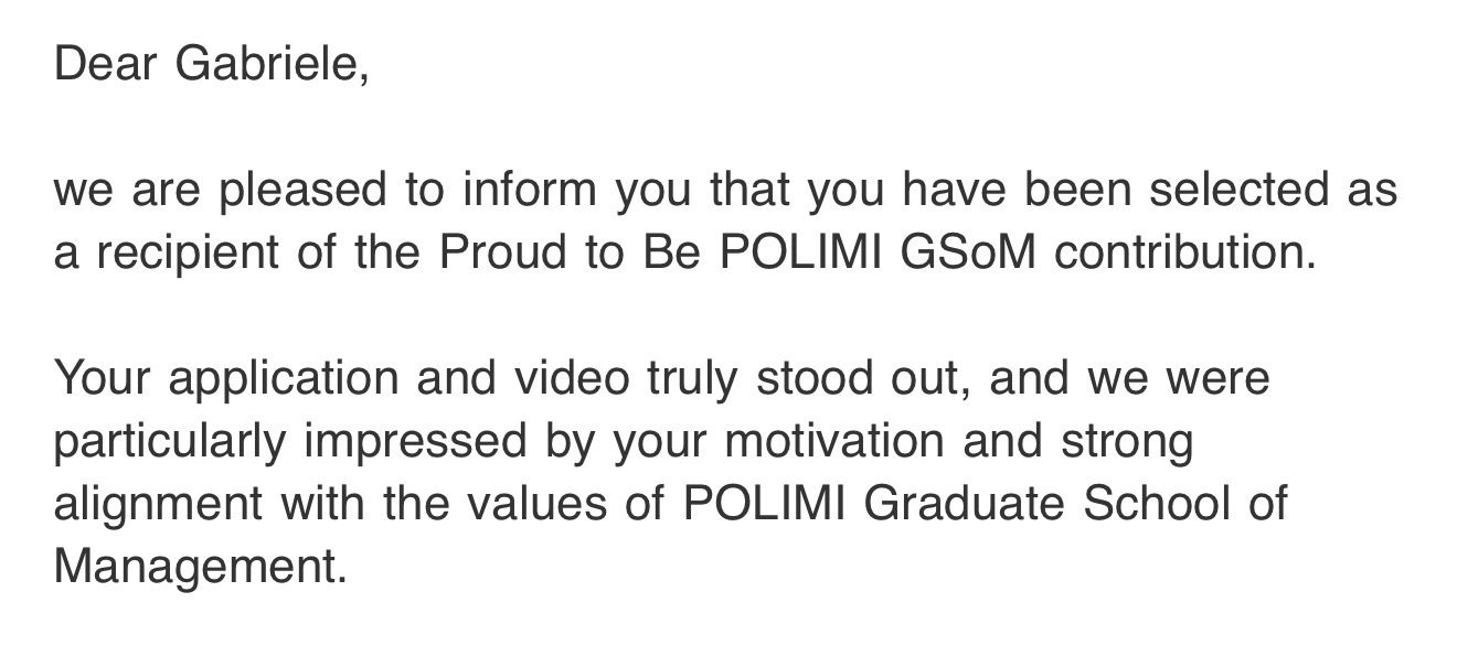 Email from POLIMI Graduate School of Management confirming Gabriele Tealdo as a recipient of the Proud to Be POLIMI GSoM contribution