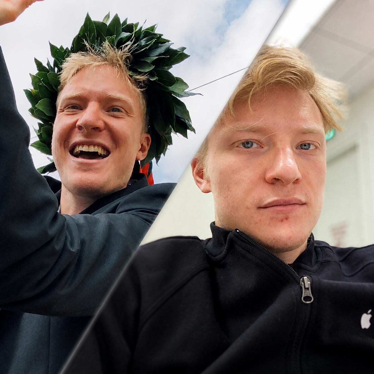 Split frame: Gabriele Tealdo celebrating his Psychology graduation in a laurel wreath, and in Apple uniform at the Piazza Liberty store in Milan