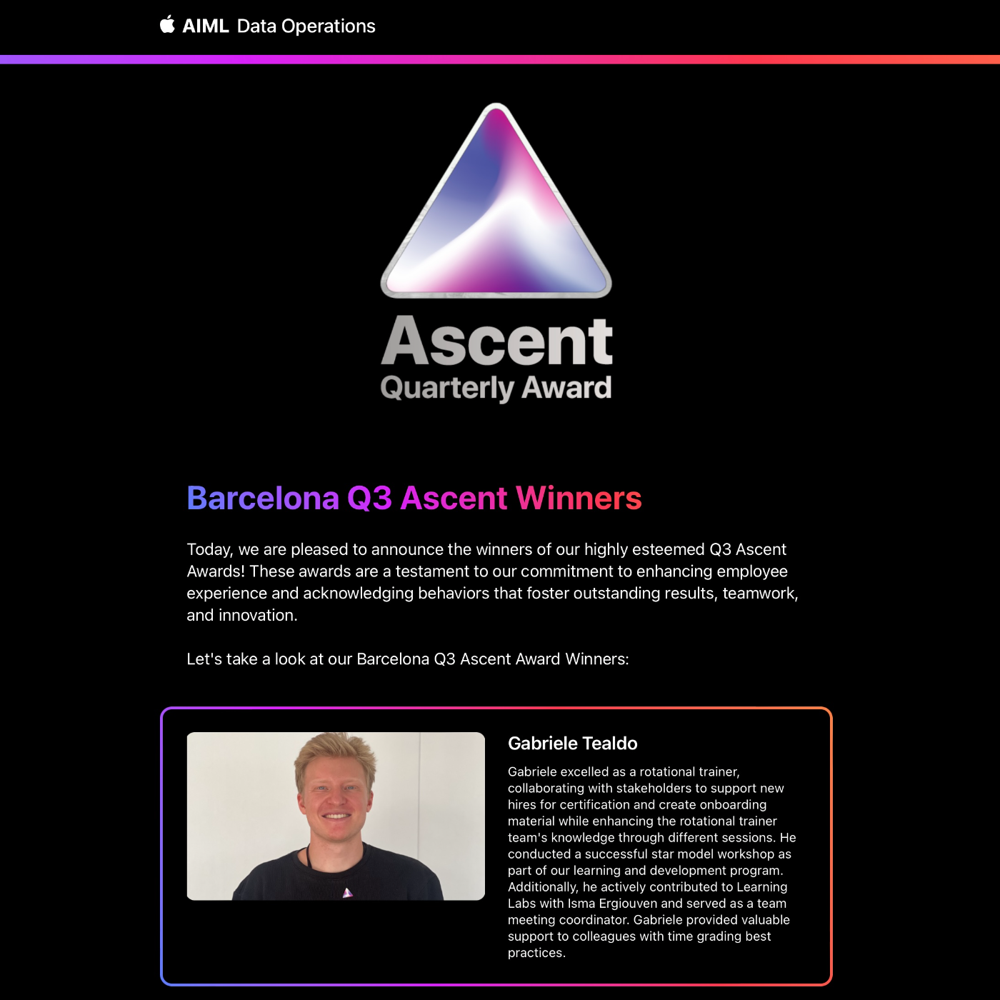 Apple AI/ML Data Operations &mdash; Ascent Quarterly Award, Barcelona