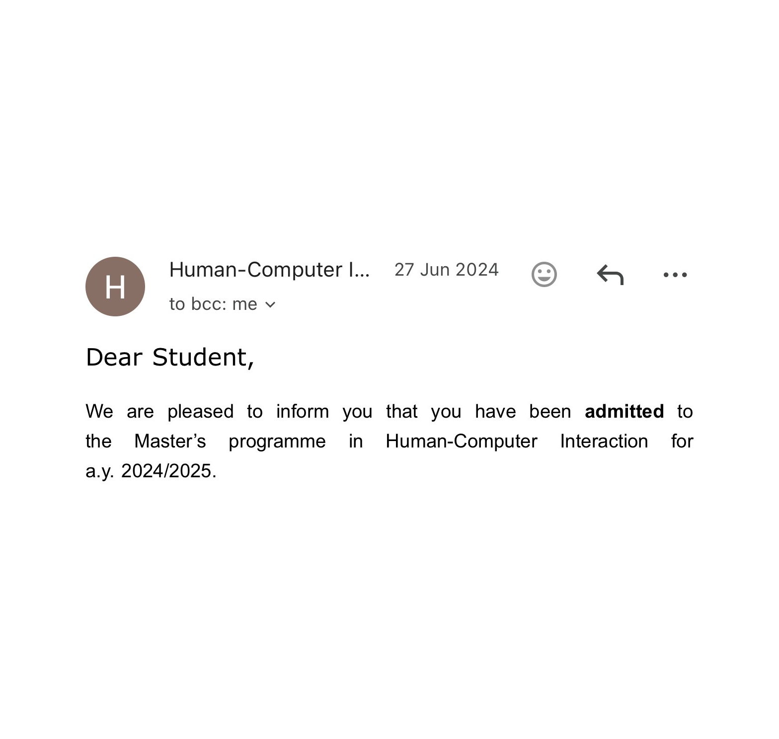 University of Trento admission email &mdash; MSc in Human&ndash;Computer Interaction