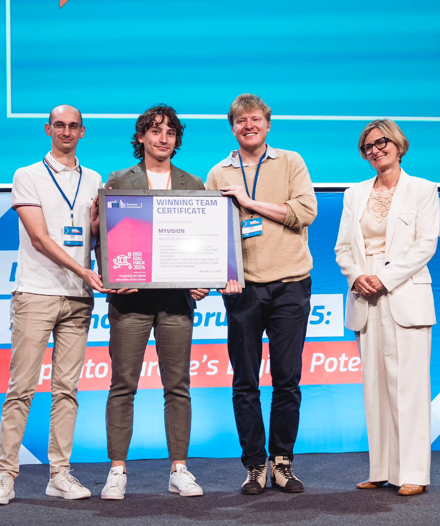 MyVision team receiving the DigiEduHack 2024 Winning Team Certificate in Brussels