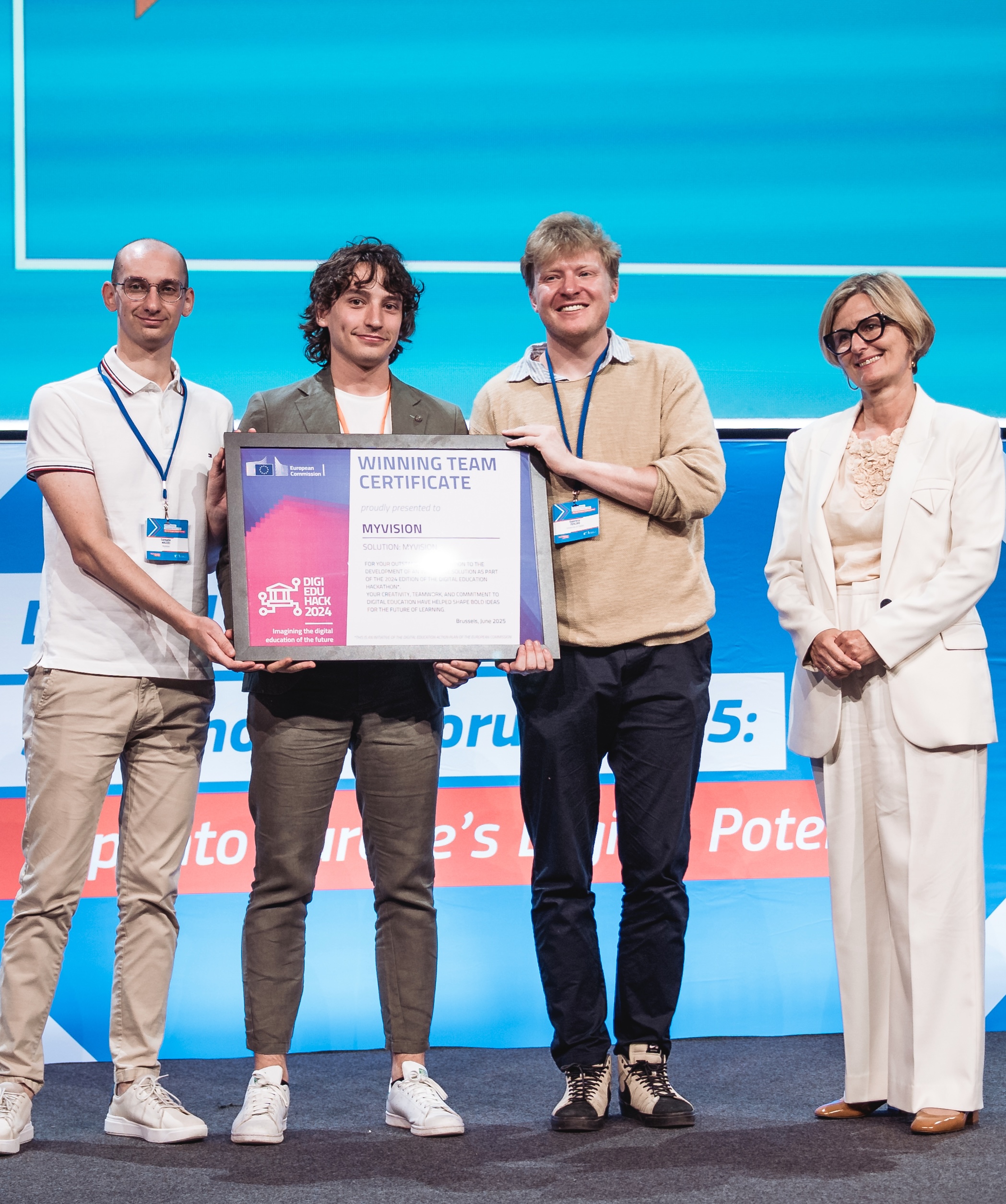 The MyVision team receiving the DigiEduHack 2024 Winning Team Certificate from the European Commission in Brussels