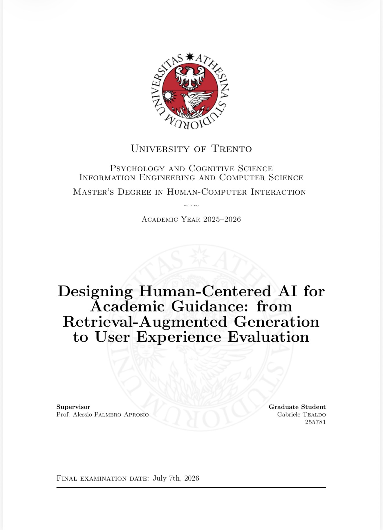 Master&rsquo;s thesis cover page, University of Trento