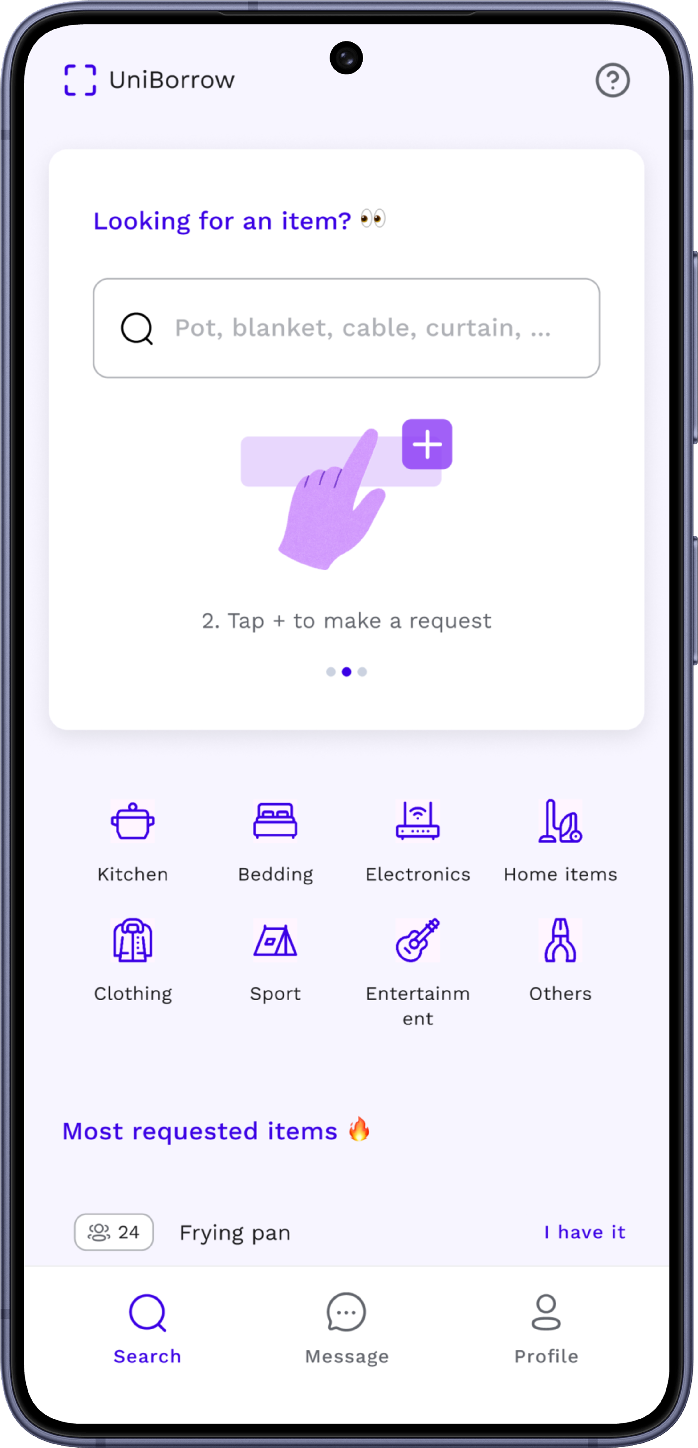 UniBorrow &mdash; Home & Search screen