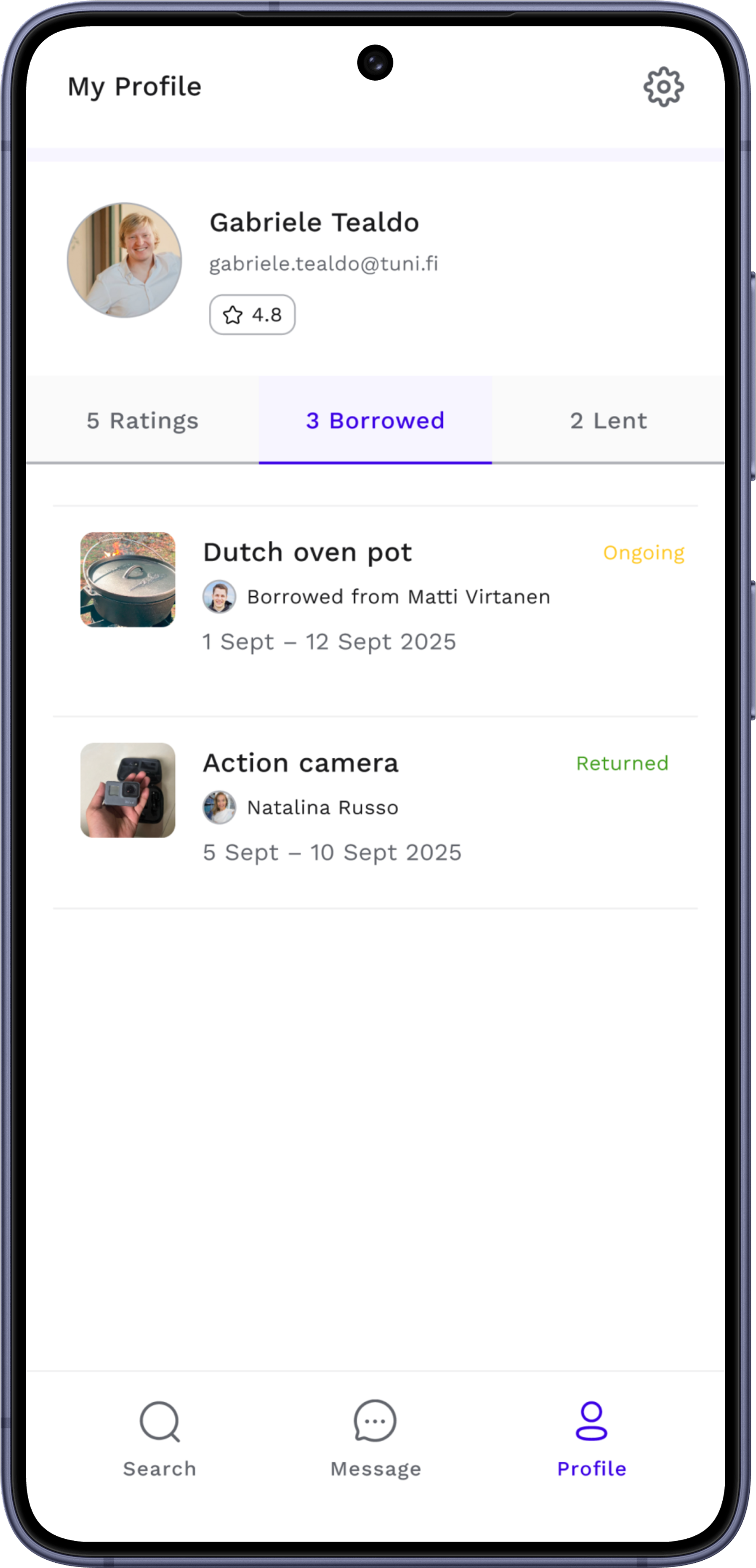 UniBorrow &mdash; My Profile screen