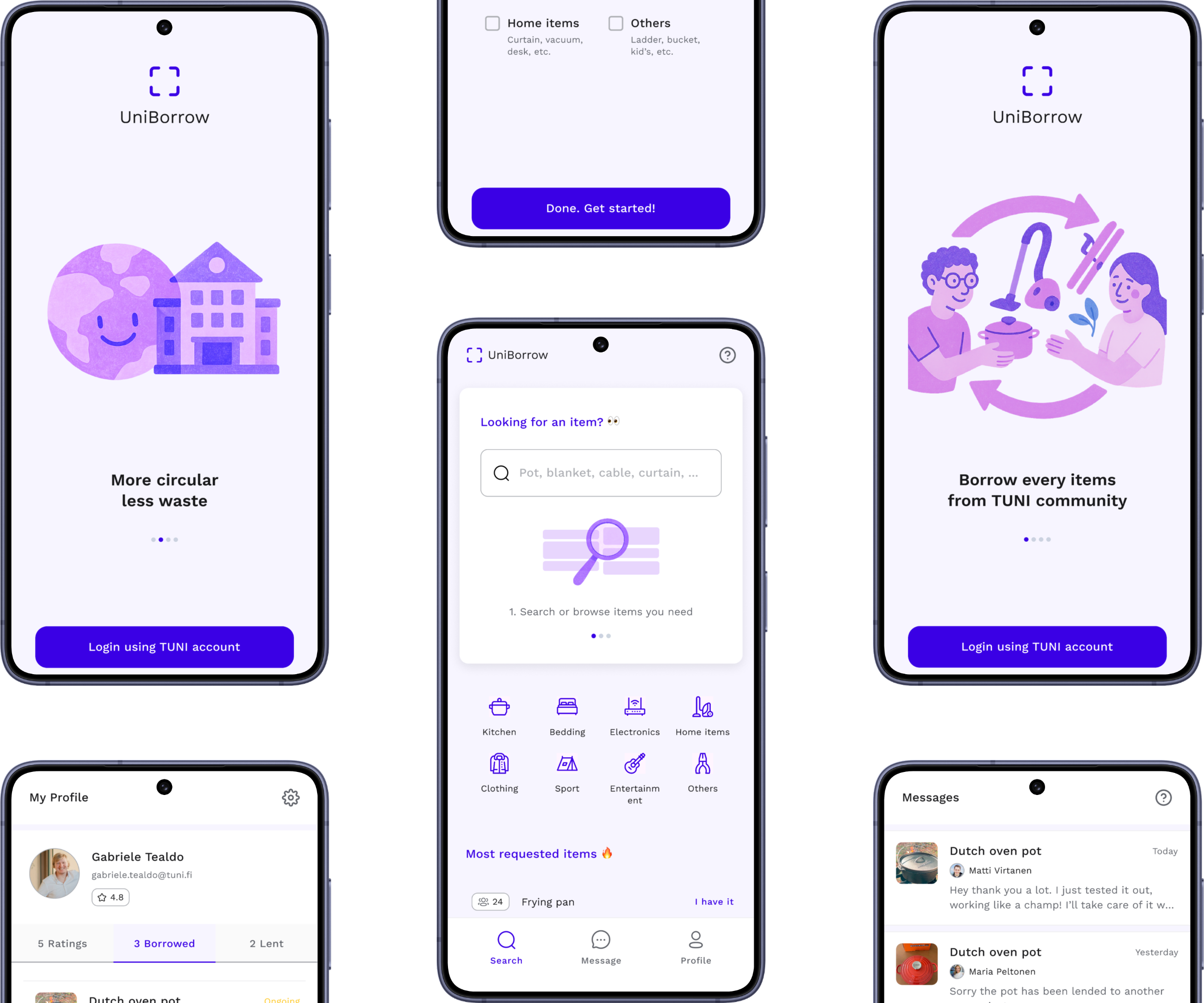 UniBorrow — six phone screens showing onboarding, item search, profile and messages